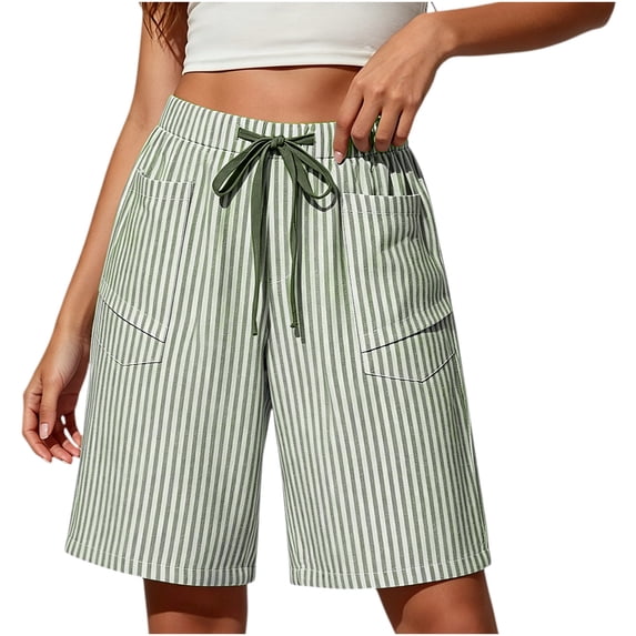Lightweight Denim Shorts Women New Women’s Linen Striped Shorts, Elastic Waist Drawstring Casual Beach Bottoms, Loose Knee Length Bermuda Shorts with Pockets Green XXL