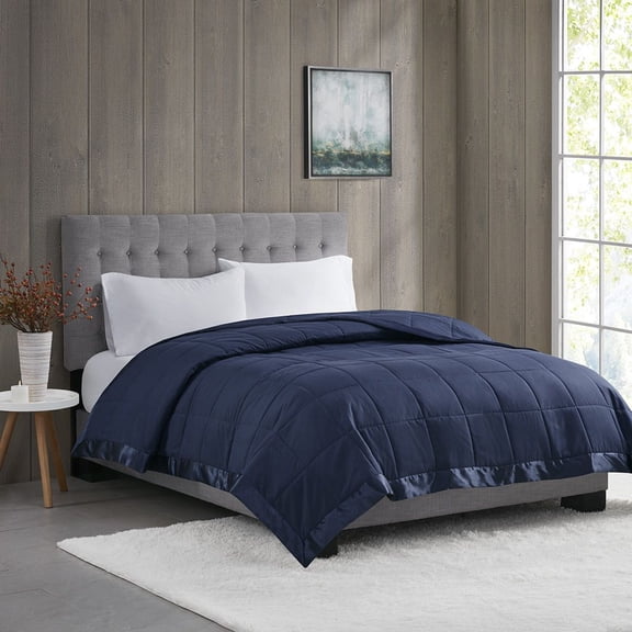 Lightweight Down Alternative Blanket with Satin Trim Navy Full/Queen