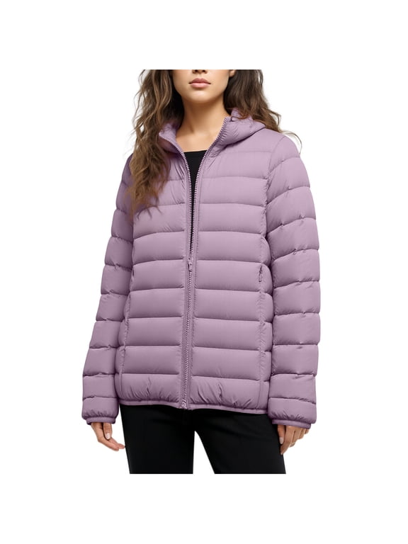 Lightweight Down Jacket Womens Hooded Full Zip Puffer Coat Comfy Warm Outdoor Casual Winter Outerwear Plus Size (4XL, Purple)