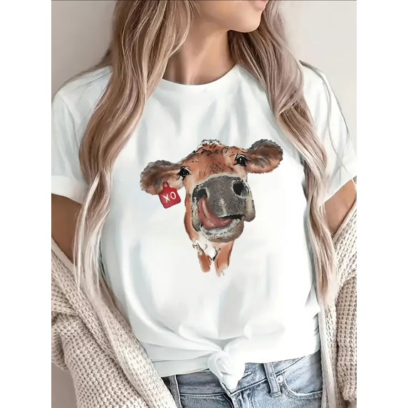 Lightweight And Durable Short-Sleeve T-Shirt Made of Featuring a Cow Print, Perfect for Casual Wear at Home, in Cafes, Or Outdoors, Offering a Comfortable Fit for Everyday Use