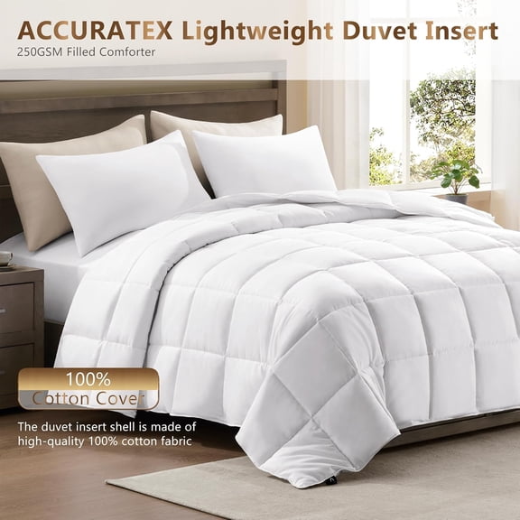 Lightweight Duvet Insert Queen Size - Cotton Shell, 250GSM Filling Summer Down Alternative Comforter, Ultra-Soft & Breathable, Thin Quilted Duvet Insert with 8 Tabs, Machine Washable, 90x90