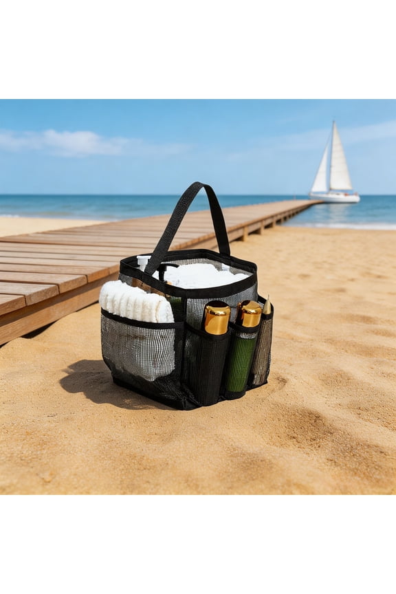 Lightweight Mini Beach Tote Bag for Women Water-Resistant Perforated Summer Handbag(Black)