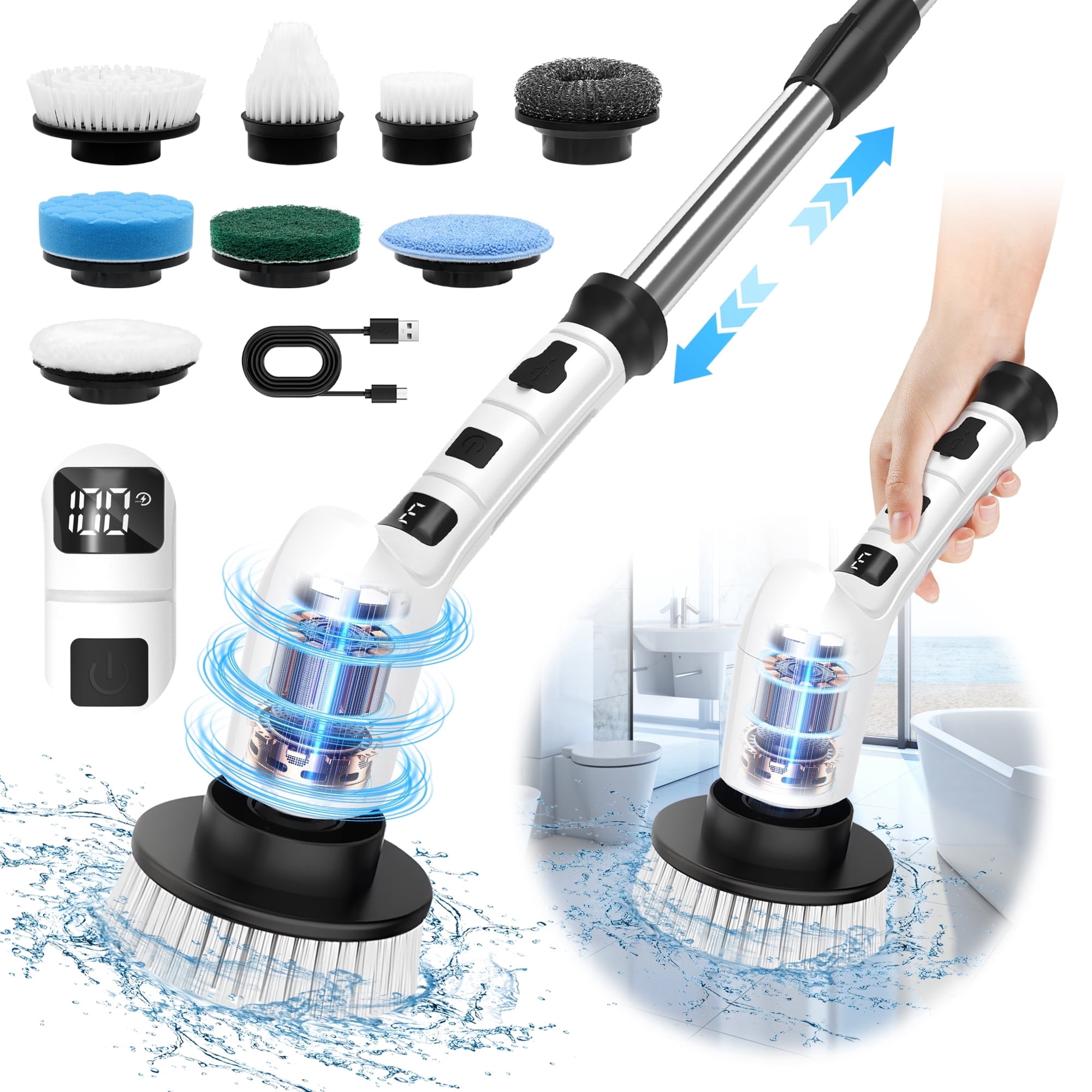 Lightweight Electric Spin Scrubber, Adjustable Handle, 3 Speed Mode ...