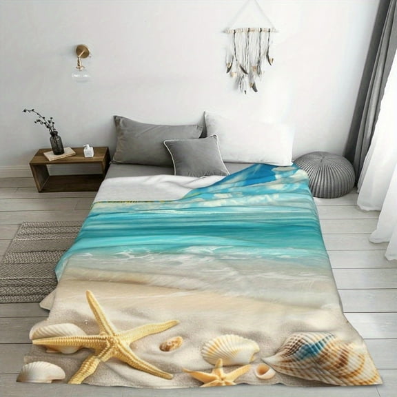 Lightweight Elegance Cozy Beach-Themed Throw Blanket with Seashells & Starfish Design Soft Flannel Lightweight & Warm for Bed Sofa or Coastal Home Decor