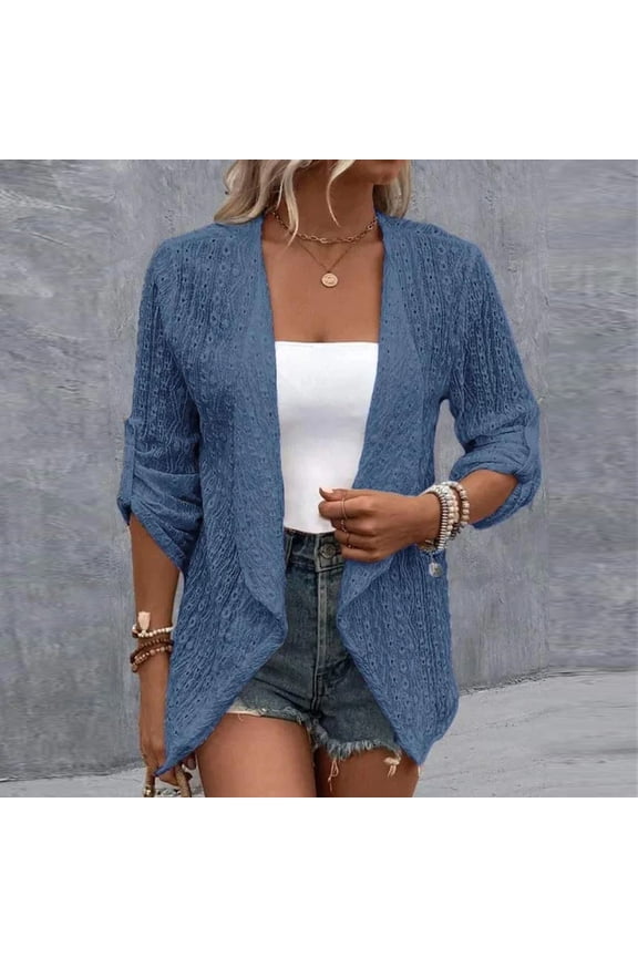 Lightweight Fall Cardigan for Women Roll up Long Sleeve Boho Coat Loose Open Front Ruffle Weave Cardigan Navy L
