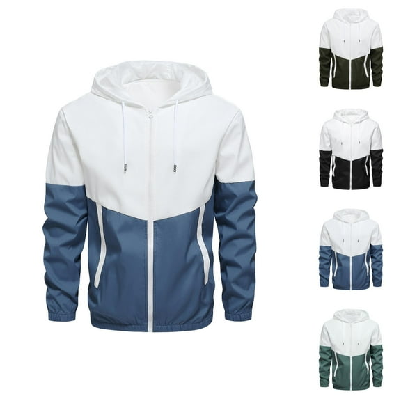 Lightweight Fall Jackets for Men Long Sleeve Color Block Trendy Casual Zip Up Hooded Jacket with Pockets Outerwear