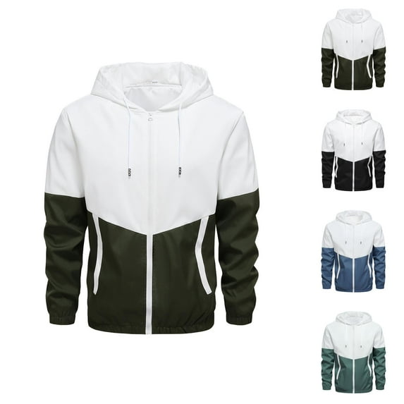 Lightweight Fall Jackets for Men Long Sleeve Color Block Trendy Casual Zip Up Hooded Jacket with Pockets Outerwear