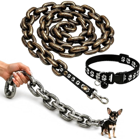 Lightweight Faux Chain Pet Leash and Collar Set, Funny Giant Chain Style Plastic Dog Leash for Small Dogs and Cats, Novelty Pet Photo Prop, Costume Party Accessory