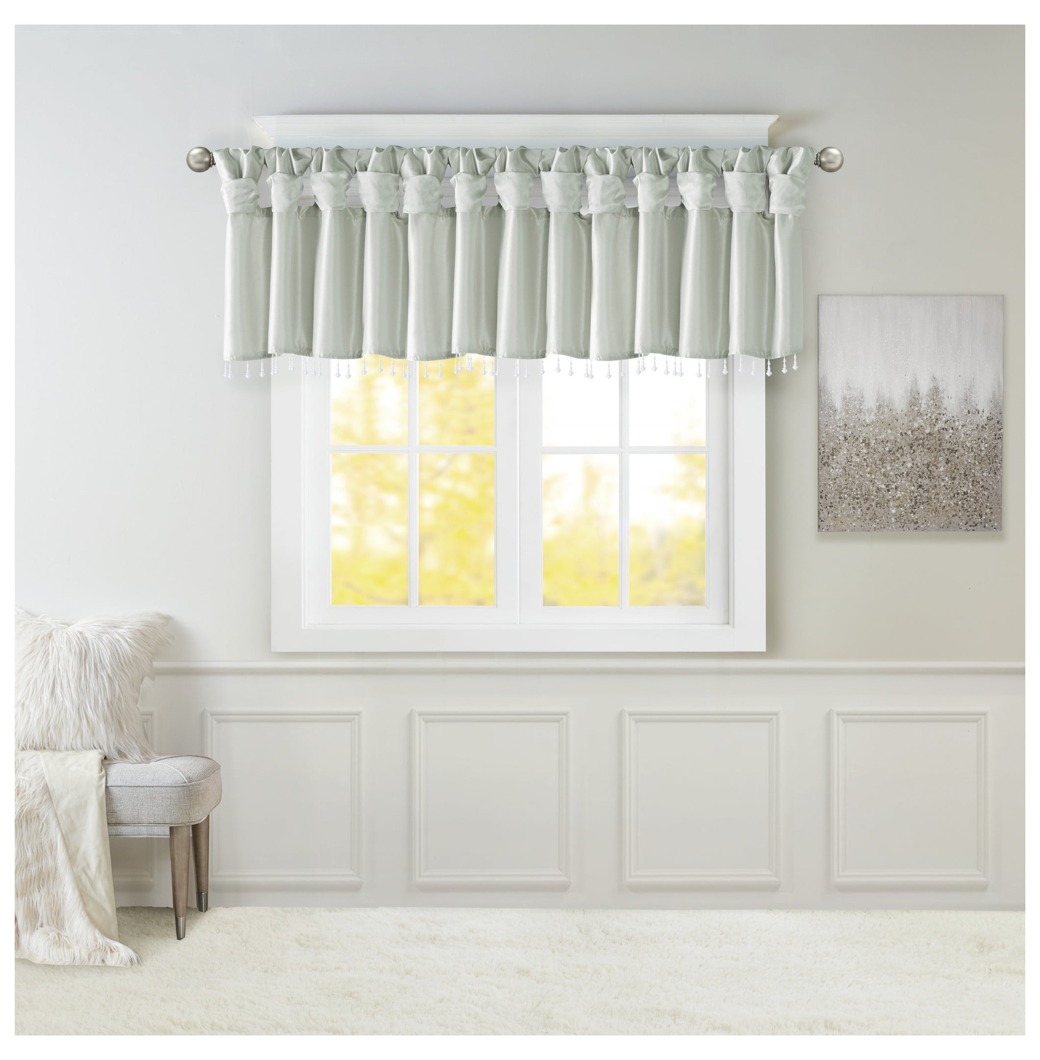 Lightweight Faux Silk Valance With Beads Dusty Aqua 50x26"