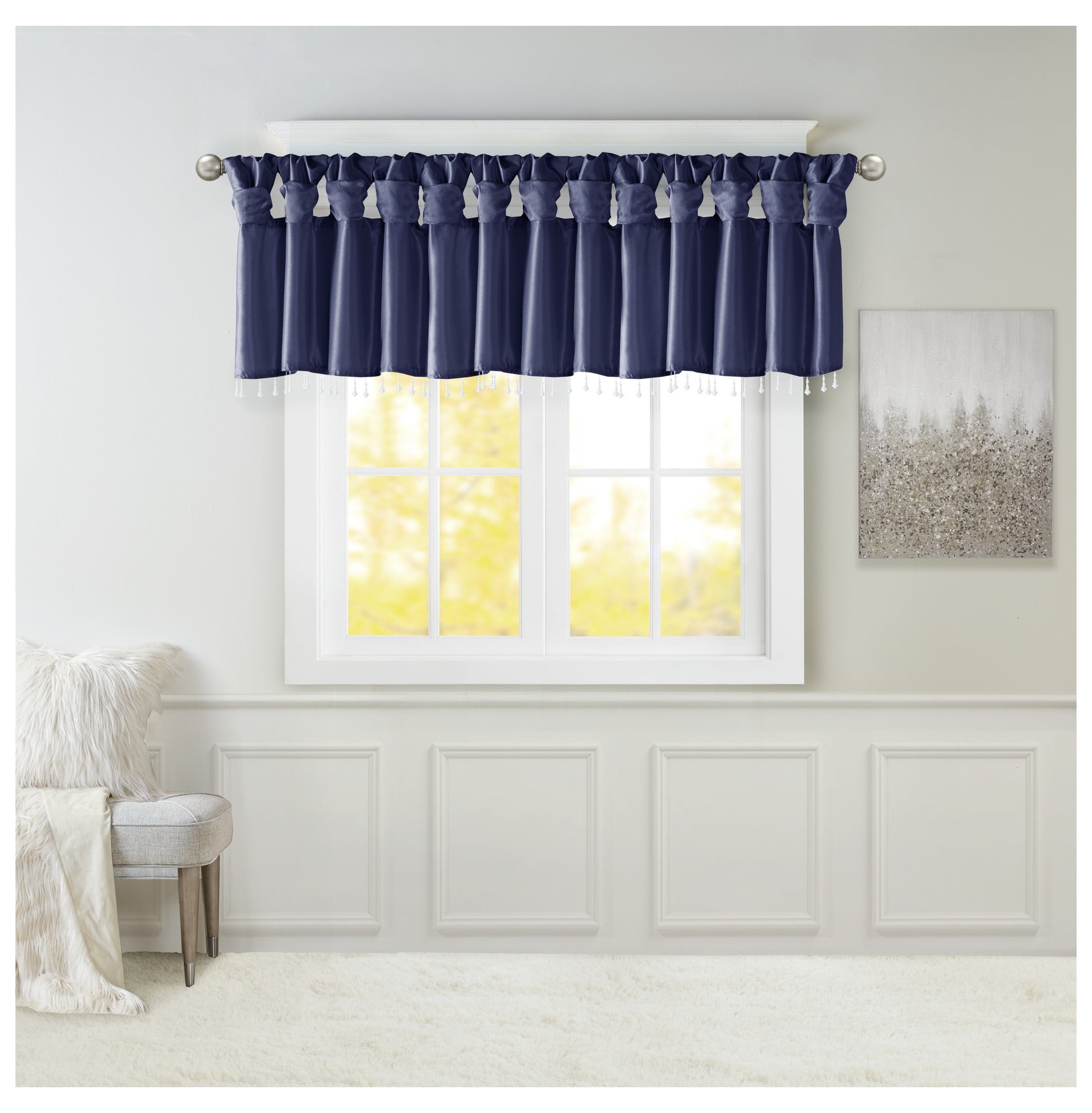Lightweight Faux Silk Valance With Beads Navy 50x26"