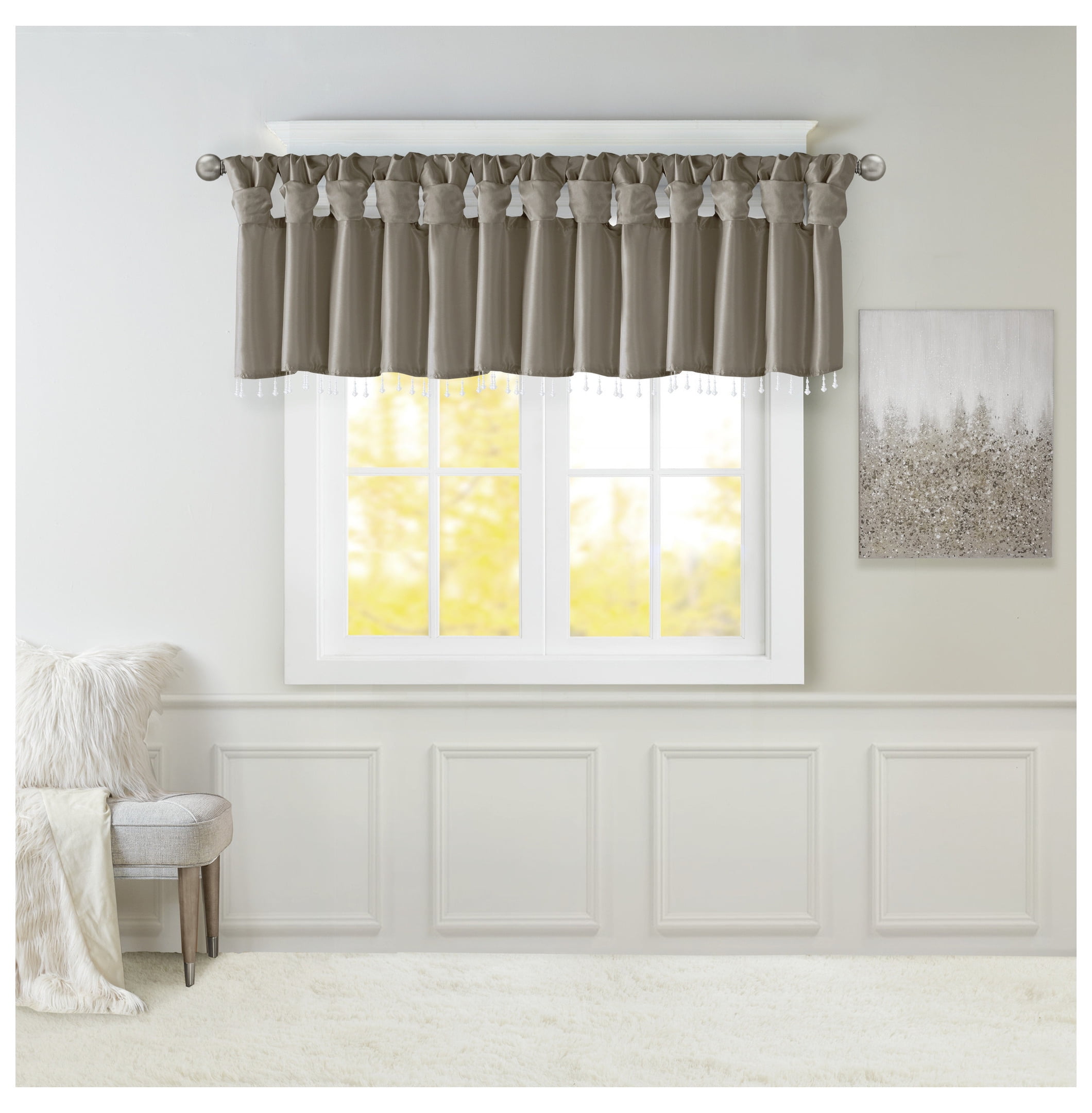 Lightweight Faux Silk Valance With Beads Pewter 50x26"