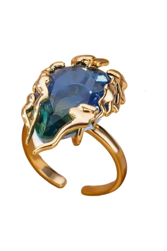 Lightweight Flame Water Drop Ring Teal Gradient Zircon Adjustable Open Jewelry For Women