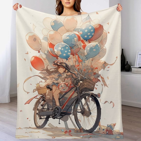 Lightweight Flannel Blanket Happy 4th of July Balloon Bicycle Girl Soft Fuzzy Cozy Warm Winter Throw Blanket for Couch Bed Living Room Independence Day Throw Blanket 60"x80"