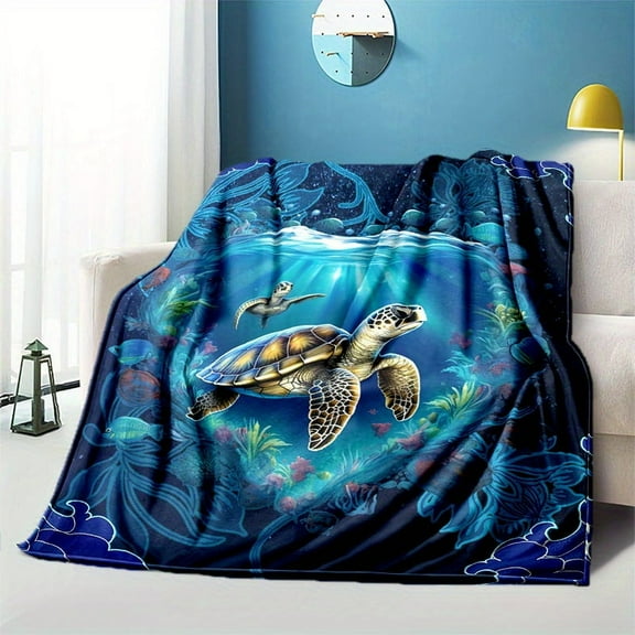Lightweight Flannel Cozy Sea Turtle Print Blanket Soft and Warm Digital Printing Fleece for Sofa Travel Camping Livingroom Office Couch Chair and Bed Gifts for Family or Friends