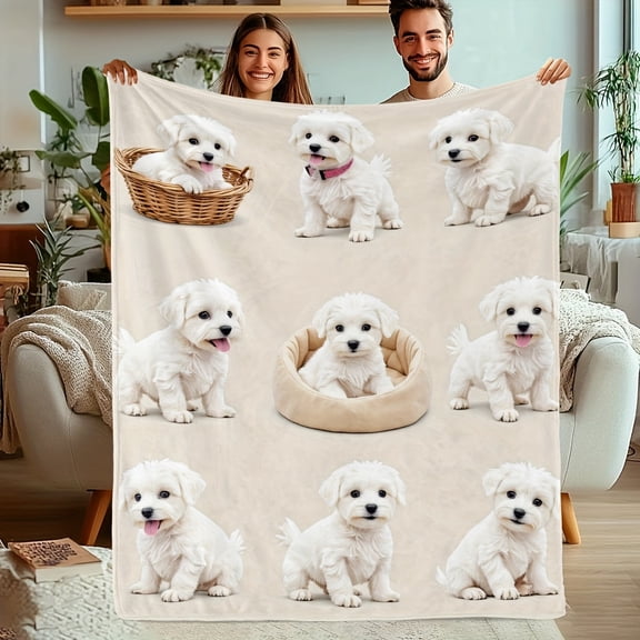 Lightweight Flannel Double Sided Maltese Hound Printed Blanket Plush All Season Throw with Adorable Puppy Design Perfect Home or Outdoor Relaxation Vintage Style Digital Print Outdoor Throw