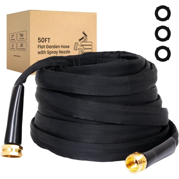 Lightweight Flat Garden Hose 50 FT, 3/4" GHT Flexible Water Hose, Kink Free & Durable 800D Fabric, Portable 50ft Garden Hose for Lawn, Yard,  Wash