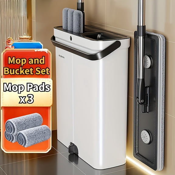 Lightweight Flat Mop and Bucket Set with Wringer, Hands-Free Wet and Dry Floor Cleaning System, 7 Washable Microfiber Mop Pads for Hardwood, Walls and Windows