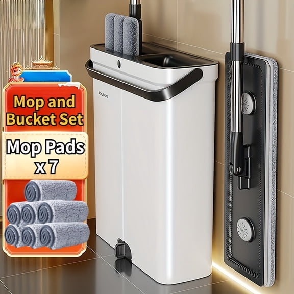 Lightweight Flat Mop and Bucket Set with Wringer, Hands-Free Wet and Dry Floor Cleaning System, 7 Washable Microfiber Mop Pads for Hardwood, Walls and Windows