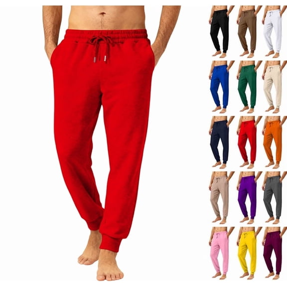 Lightweight Fleece Sweatpants for Men with Pockets Active Gym Athletic Drawstring Baggy Loose Sweat Pants Open Bottom,Red L