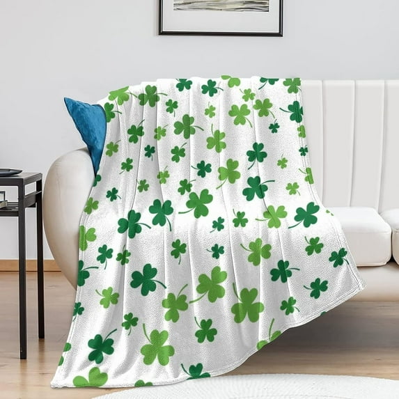Lightweight Fleece Throw Blanket St Patricks Day Lucky Spring Green Clover Wave Shamrock Bed Couch Blanket for Women Men Adults Sofa Flannel Blanket for Travel Camping Beachh Home Living Room 60"x 80"