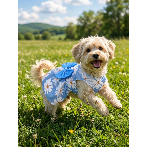 Lightweight Floral Dog Cat Puppy Dress with Blue Bow