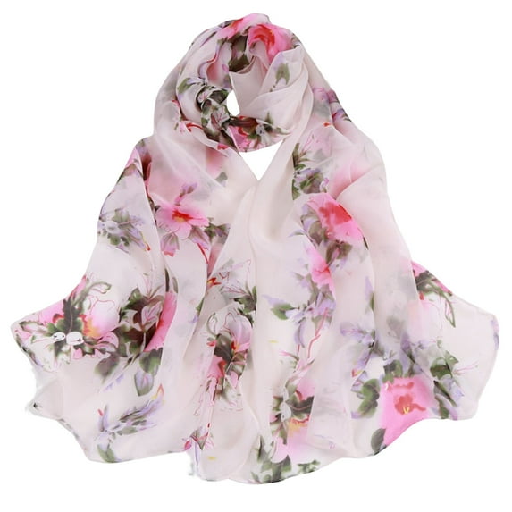 Lightweight Floral Print Chiffon Scarf Sunscreen Shawl for Spring White One Size