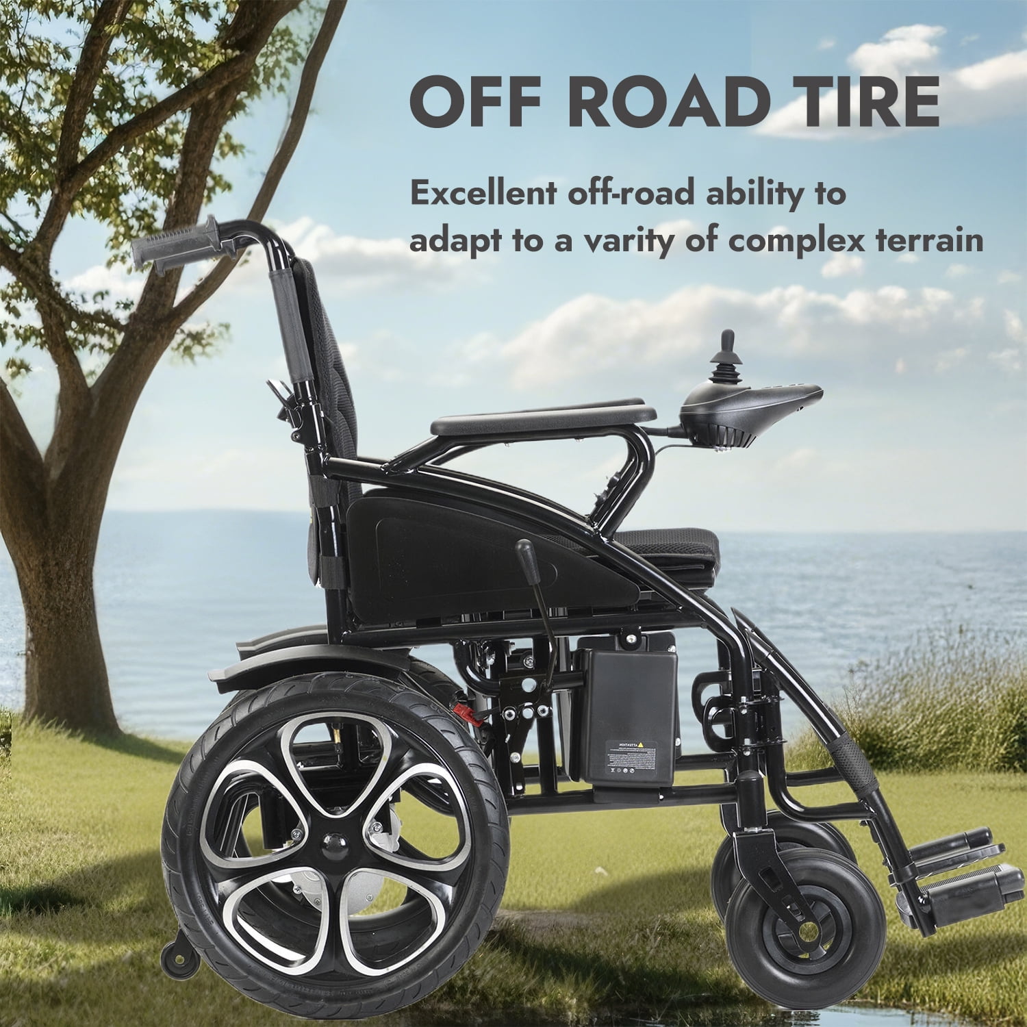 Lightweight Foldable Electric Black Wheelchair with Lithium Battery, Waterproof Joystick, 250W Motors, 265 lbs Capacity, 13 Miles Range, Travel Power Chair for Grass, Mud, Snow & Bumpy Roads
