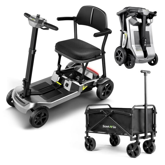 Foldable 4-Wheel Mobility Scooter for Seniors and Adults, Airline Approved, Detachable Trailer, Dual Lithium Batteries, Lightweight Travel Scooter, 5 mph, Silver