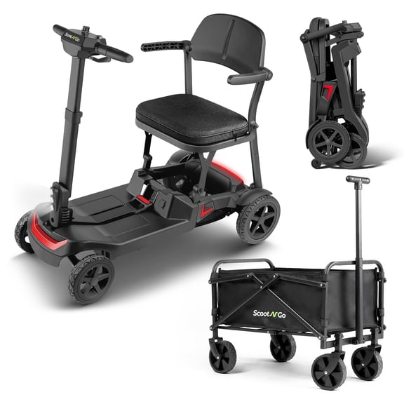 Foldable 4-Wheel Mobility Scooter for Seniors and Adults, Airline Approved, Detachable Trailer, Dual Lithium Batteries, Lightweight Travel Scooter, 5 mph, Red