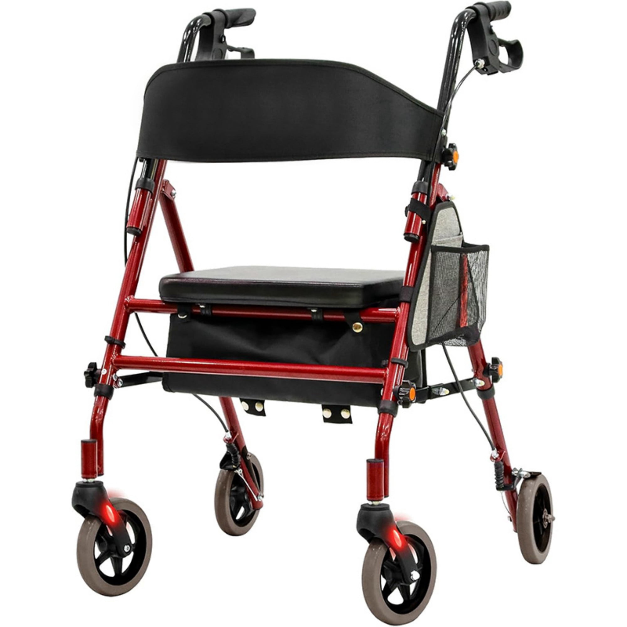 Lightweight Foldable Rollator Walker with Seat for Seniors, 350 lb Capacity, 5-Position Adjustable Height, Aluminum & Carbon Steel Frame, Red