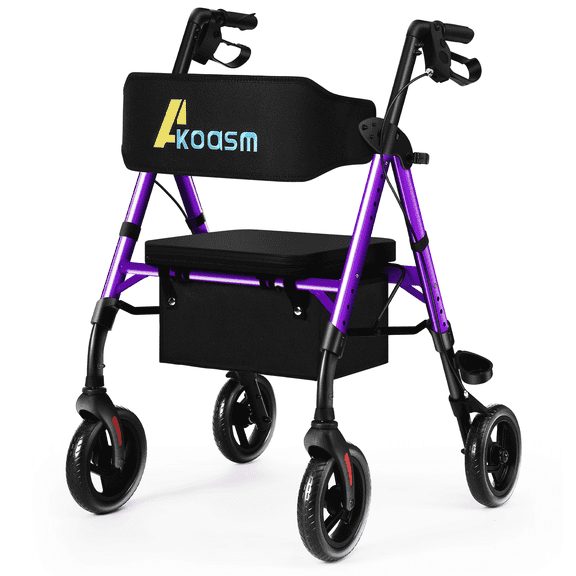 Lightweight Foldable Rollator Walkers for Seniors with Seat - Adult Rolling Walker with Seat and Brakes, 300 Lb Capacity, All Terrain 8" Big Roller Wheels, Adjustable Handles and Seat Height, Purple