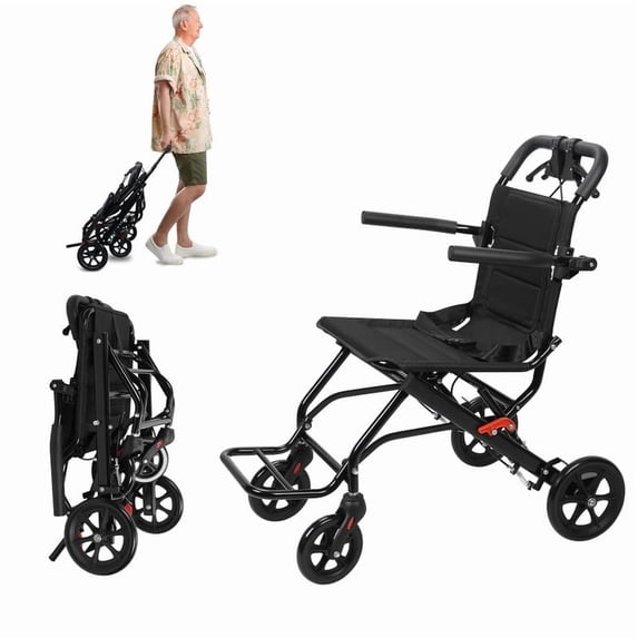 Lightweight Foldable Transport Wheelchair for Adults & Elderly | Narrow Doorway Travel Wheel Chair with Carbon Steel Frame, Safety Belt, Large All-Terrain Wheels & 220 lbs Capacity, Pull Rod