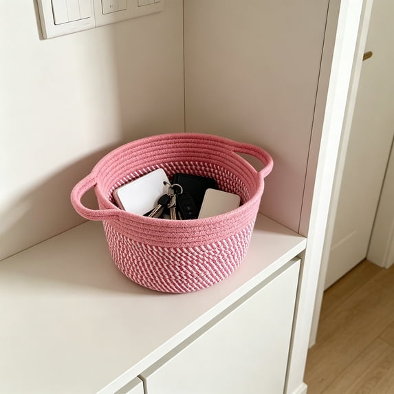Lightweight Foldable Weaving Storage Basket with Handles, Breathable Soft Non-Woven Fabric Closet Organizer Bin for Toys Cosmetics, 9.45 in