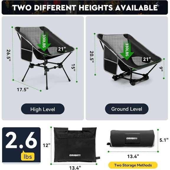 Lightweight Folding Camping Chair, Compact Design for Camp, Beach, Hiking, Black