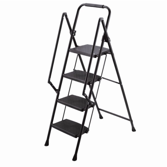 Lightweight Folding Four Step Ladder with Anti Slip Pedal and Safety Handle, Sturdy Steel Step Stool for Home Kitchen Office, Space Saving Step Ladder 18.11L x 35W x 54.33H Black
