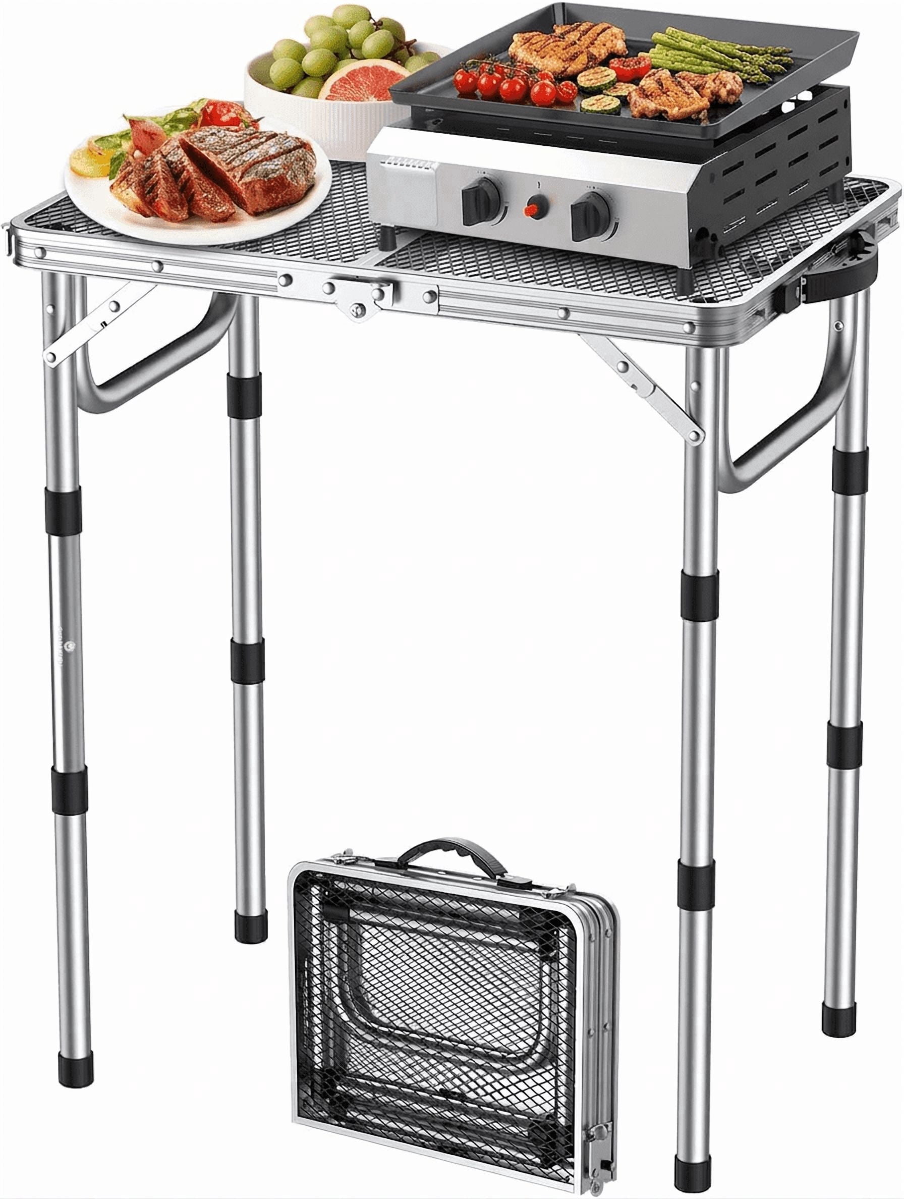 Lightweight Folding Grill Table with Mesh Desktop, Sliver, Adjustable Height Max 27.5" Aluminum Camping Table