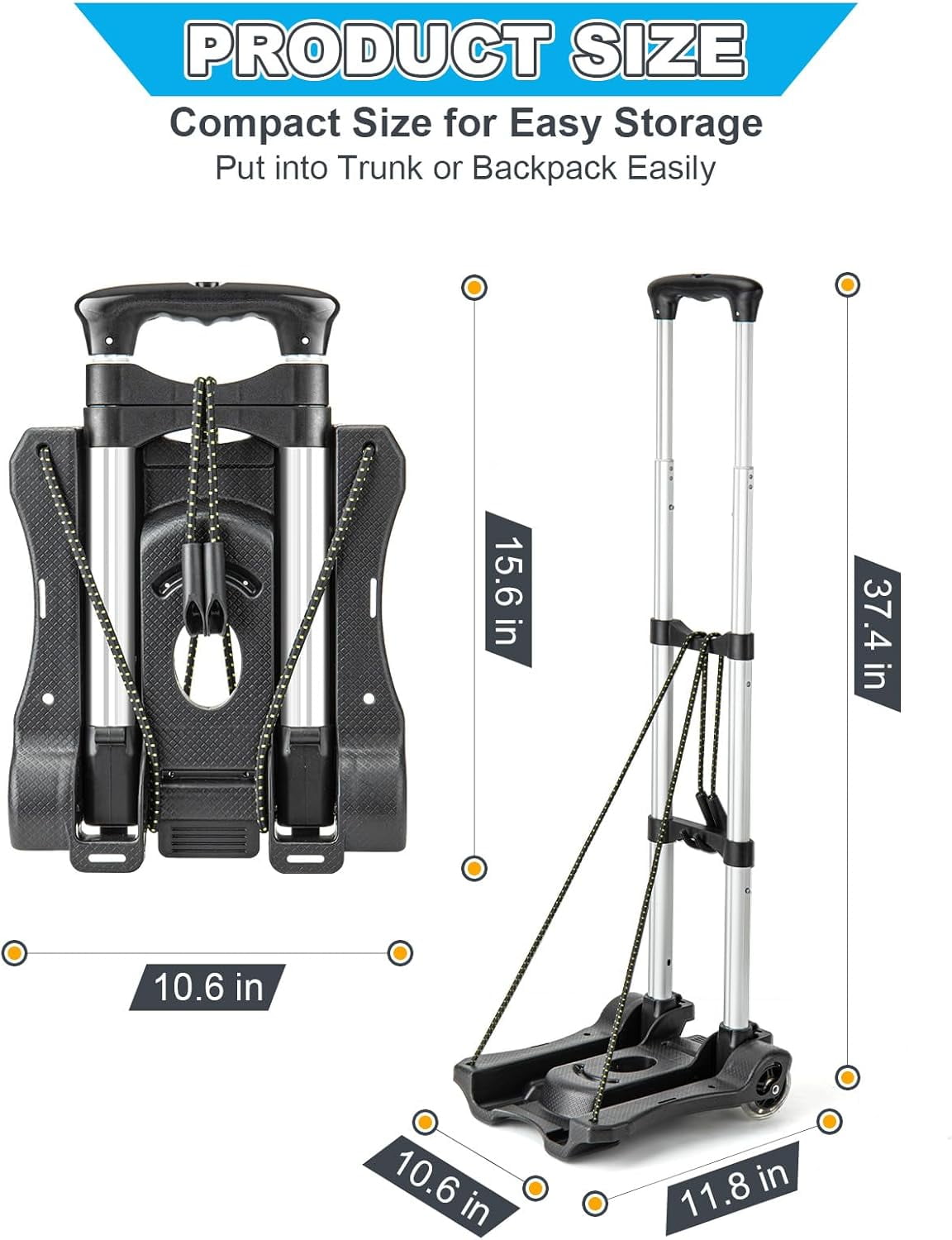 Lightweight Folding Hand Truck Dolly with 2 Wheels, Portable Luggage Cart for Airport Travel and Moving