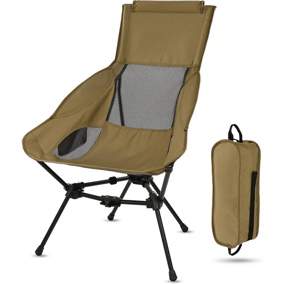 Lightweight Folding High Back Camping Chair with Head Support, Stable Portable Compact for Outdoor Camp, Travel, Beach, Picnic, Festival, Hiking, Backpacking (Highback Khaki)