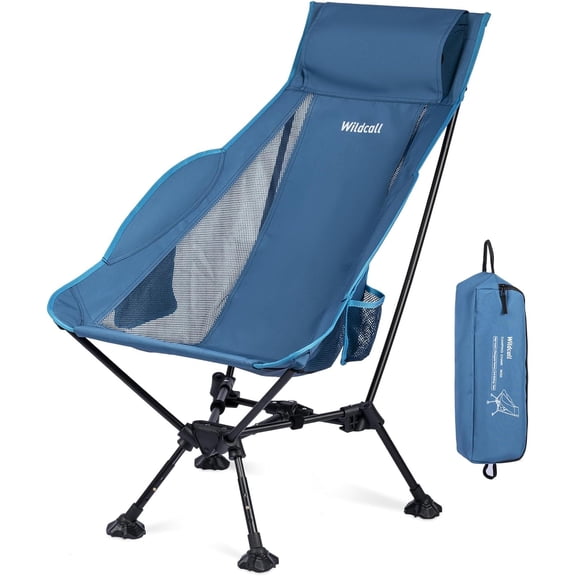 Lightweight Folding High Back Camping Chair with Head Support Compact Beach Chair Anti Sinking Large Feet Three Tilt Angles Blue