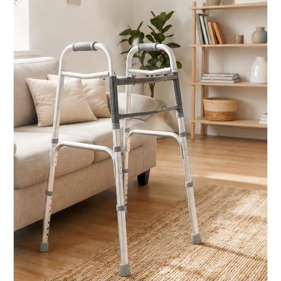 Lightweight Folding Walker with 2 Buttons, 7-Level Height Adjustment, Aluminum Frame