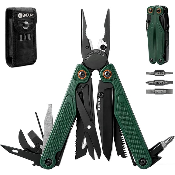 Lightweight G10 Handle Multitool Pliers, 25-in-1 EDC Multi Tool with Replaceable Wire Cutters, Scissors, One-Hand Opening Pocket Knife Survival Tools for Camping, Repair,Survival -BI2048G