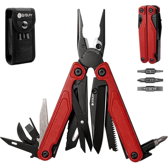 Lightweight G10 Handle Multitool Pliers, 25-in-1 EDC Multi Tool with Replaceable Wire Cutters, Scissors, One-Hand Opening Pocket Knife Survival Tools for Camping, Repair,Survival -BI2048R