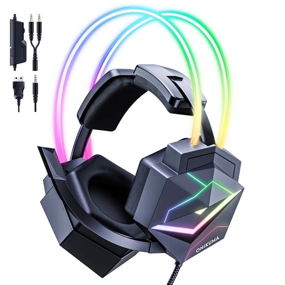 Siivton Gaming Headset with Microphone, Compatible with PS4 PS5 Xbox One PC Laptop Nintendo Series X|S, Over-Ear Headphones with LED Light, Noise Canceling Mic, 7.1 Stereo Surround Sound