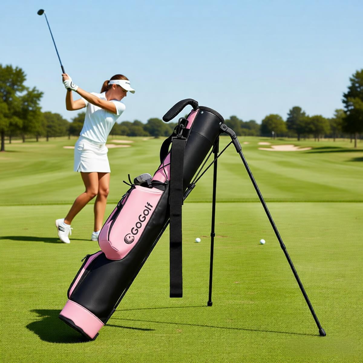 Lightweight Golf Stand Bag 2 LB Portable Carry Bag with Shoulder Strap Top Handle Pink Black for Women Men Driving Range Weekend Golfers 31 Inch Height Dual Divider Zippered Pocket