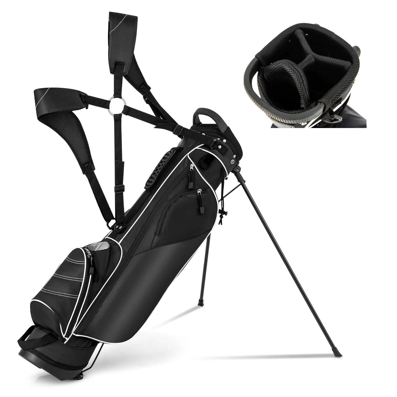 Golf Stand Bag, 4 Way Divider Golf Bag with 4 Zippered Pockets, Cooler Bag, Rain Hood & Padded Shoulder Strap, Lightweight Pitch n Putt Carry Bag for Men Women, Black