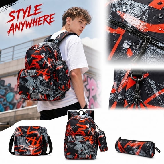 Lightweight Graffiti Student Backpack Combo, 3 in 1 Waterproof Daypack with Shoulder Bag & Pencil Case, Trendy School Backpack for Travel, Outdoor and Daily Use