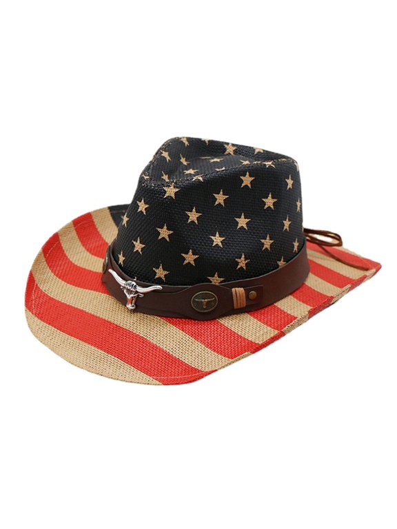 Lightweight Hard American-Flag Pattern Hat for Women Men Breathable Cowboy Cap with Metal Head Cap
