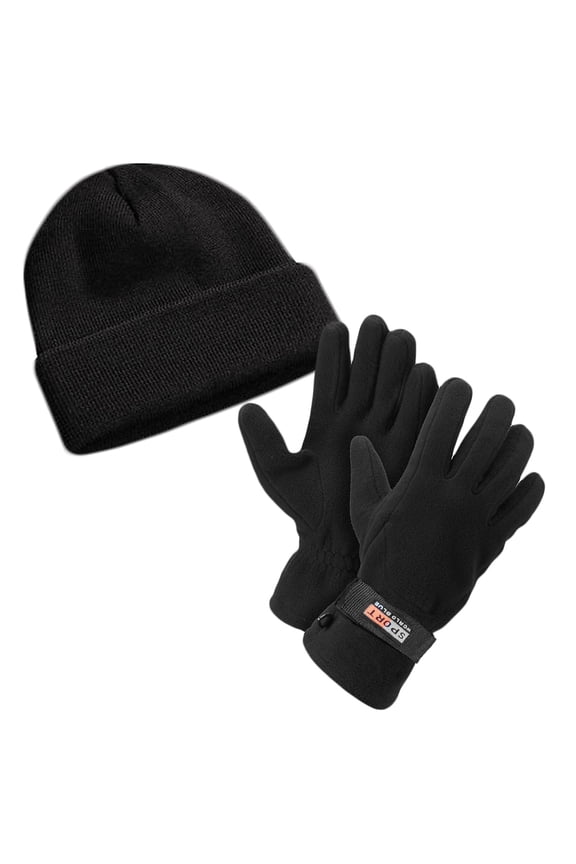 Lightweight Hat and Sport Fleece Lined Adjustable Warm Winter Black Gloves (Hat & Gloves)