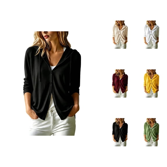 Lightweight Hooded Cardigan for Women Long Sleeve Drawstring Button Up Casual Hoodie Shirt Fall Tops Outerwear