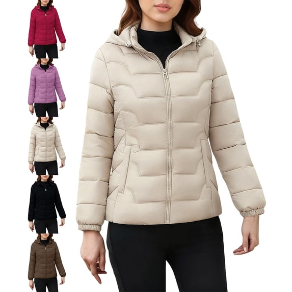 Lightweight Hooded Puffer for Women, Fitted Waist Zip Up Winter Jacket with Angled Side Pockets